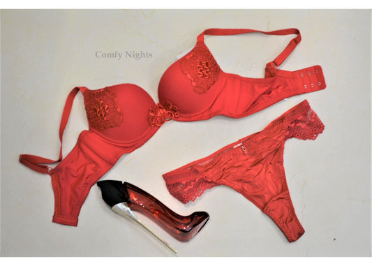 Red Embroidered Pushup Bra Set