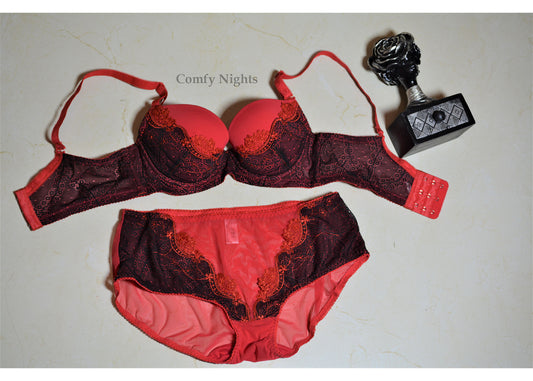 Red Net Embroidered Bra Set